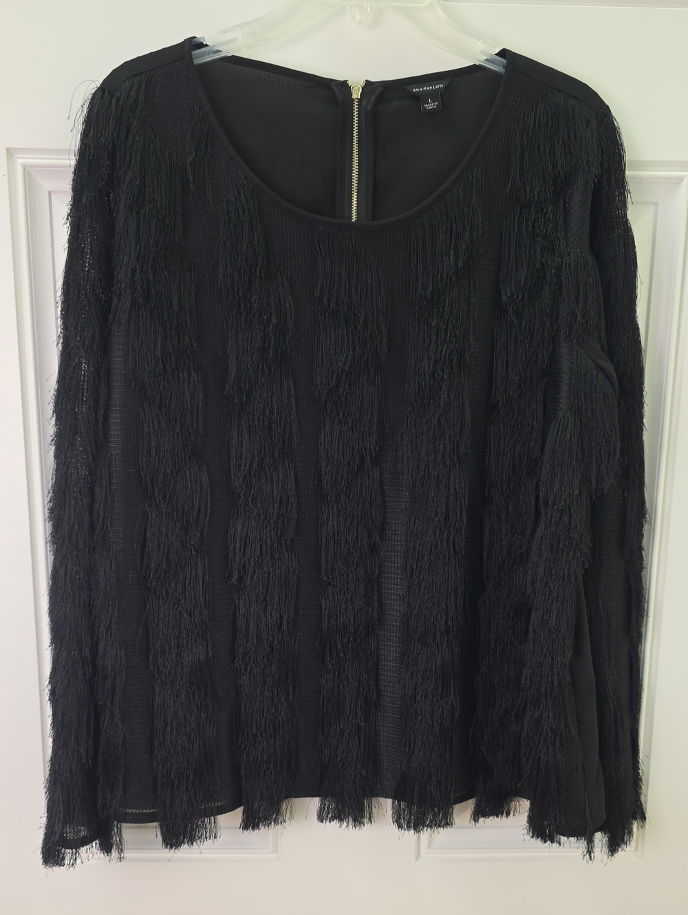 Ann Taylor Black Fringe-Trim Long Sleeve Top. Size Large